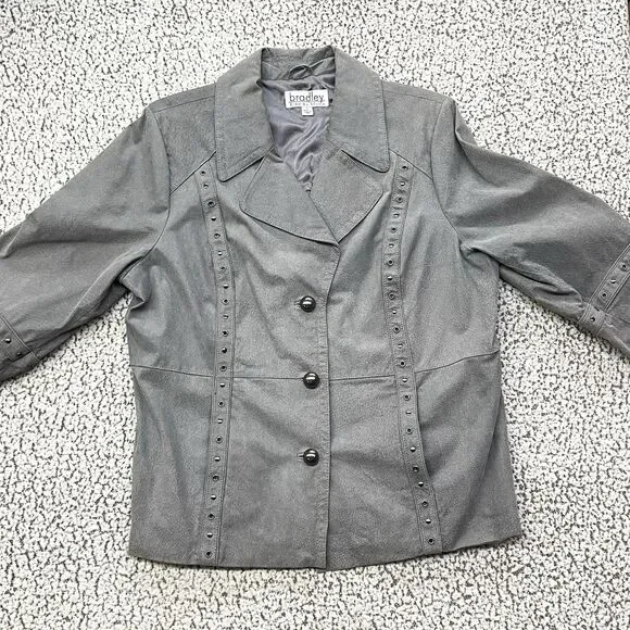Bradley Bayou Genuine Suede Leather Jacket Womens XL Gray Studded Button Front - Picture 3 of 16